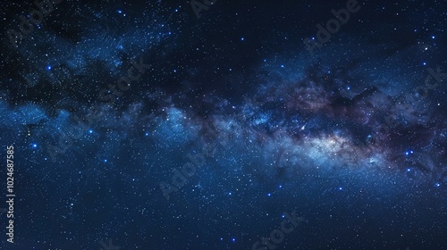 Panoramic blue night sky with milky way and stars on dark background. Fill the universe, nebulae and galaxies with noise and particles. Dark night sky.