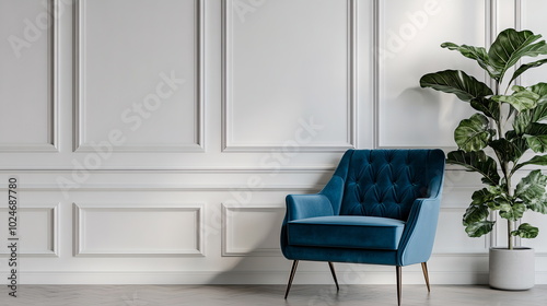 Blue velvet armchair in a minimal studio with crisp white panel walls. Modern, premium space with a soft focus on design elements. Architectural firm banner, to present modern project