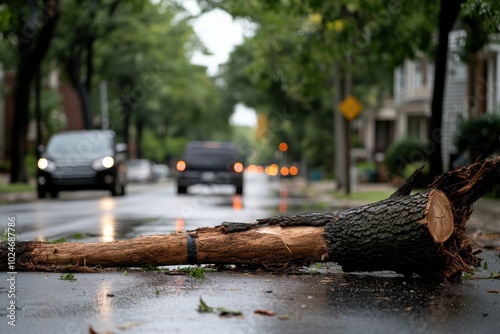 A heavy storm has left a large tree downed across a city street, obstructing traffic and requiring immediate attention from local authorities to ensure public safety.