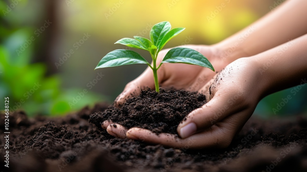 A hand gently holds a small plant in rich soil, symbolizing growth, care, and the nurturing of nature. A hand gently holds a small plant in rich soil, symbolizing growth, care, and the nurturing of nature.