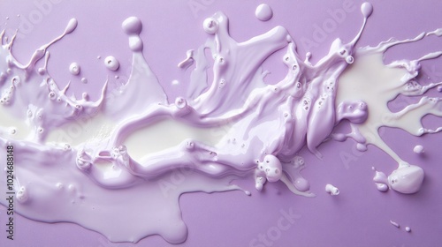 Spilled milk splattering in abstract shapes on a pastel lavender background, fluid and dynamic.