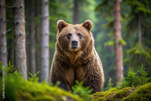 Strong majestic powerful impressive brown bear hunting in dense wild forest habitat, seen from a low angle view