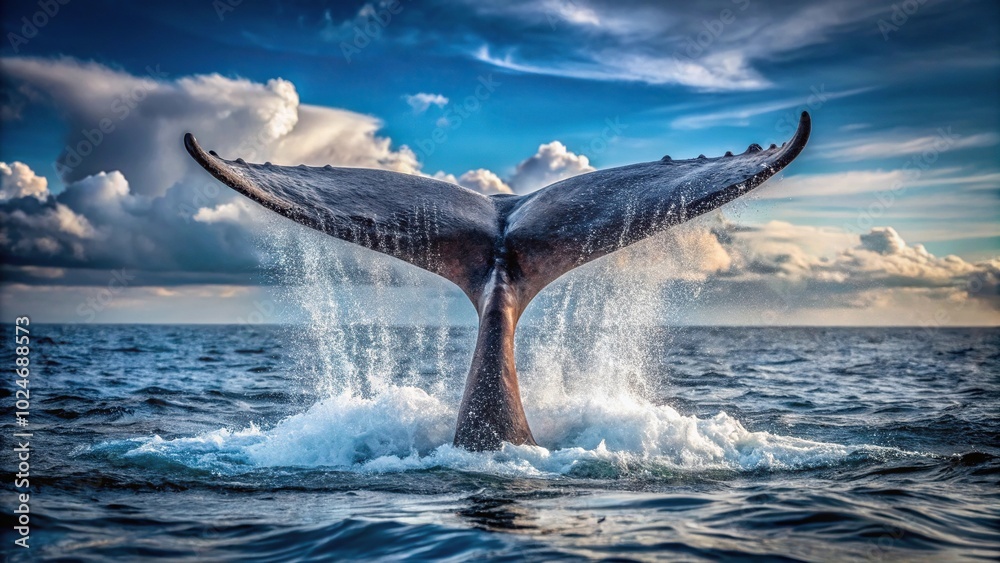Fototapeta premium Strong whale tail splashing in low angle view