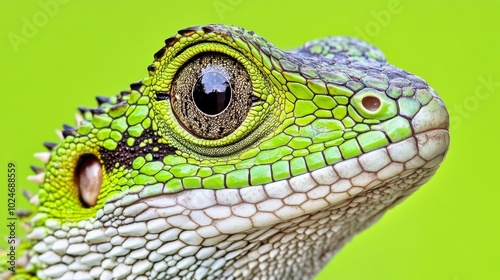 Close-Up Portrait, Vibrant Green Lizard with Striking Eyes against a Green Background.