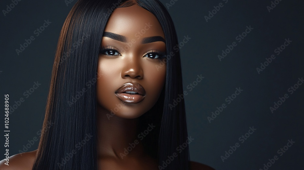 Closeup portrait of beautiful African American girl with perfect skin and long black hair. Copy space. Closeup portrait of beautiful African American girl with perfect skin and long black hair. Copy space.