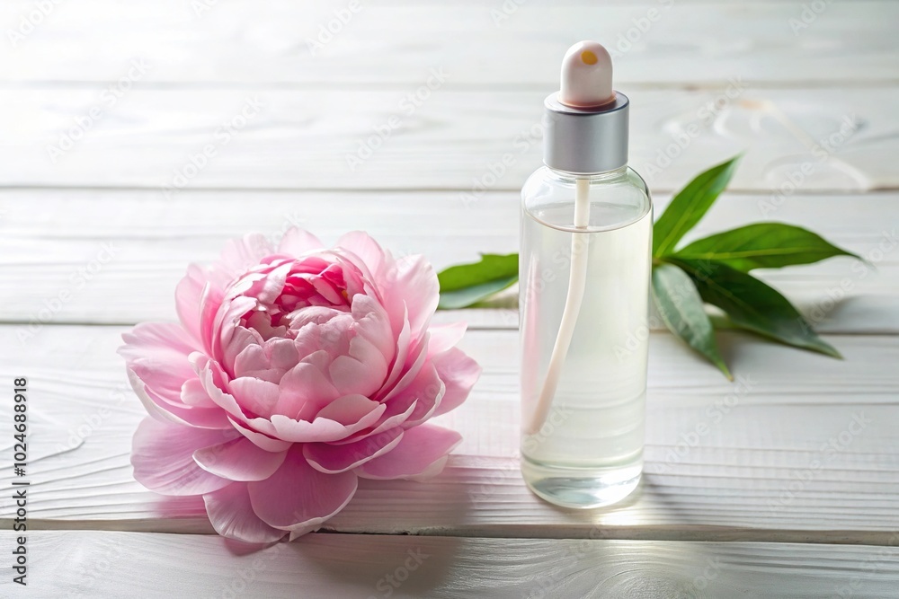 Studio shot of a Fisheye Smoothing toner bottle and peony flower on a white table Studio shot of a Fisheye Smoothing toner bottle and peony flower on a white table
