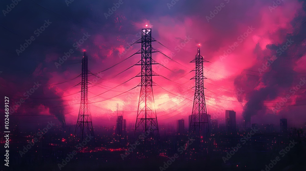 Fototapeta premium A beautiful sunset is reflected in the sky above three tall power lines. The sky is filled with clouds, and the power lines are lit up at night. The scene is peaceful and serene