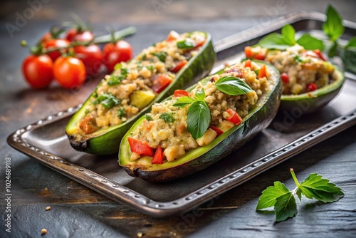 Stuffed raw eggplant and zucchini on metal tray