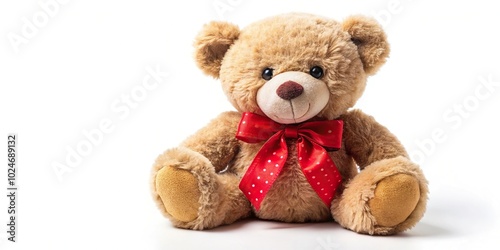 stuffed teddy bear with red bow isolated on white close-up