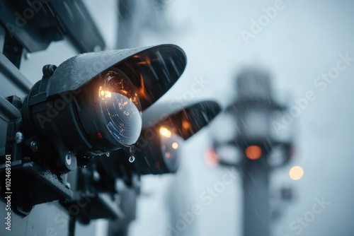 Rain-soaked lights in focus against a misty, stormy horizon, reflecting perseverance and vigilance amidst an atmospheric, challenging environment around them. photo