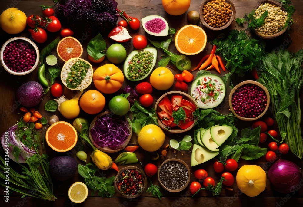 dynamic colorful food flat lays featuring variety vibrant ingredients artfully arranged visual delight, abundant, aesthetic, arrangement, background dynamic colorful food flat lays featuring variety vibrant ingredients artfully arranged visual delight, abundant, aesthetic, arrangement, background