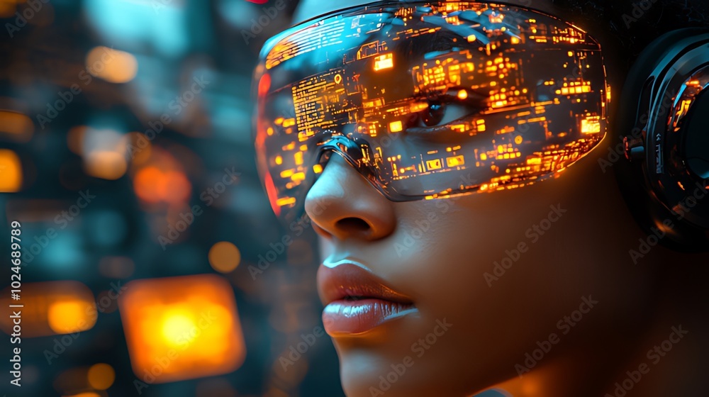 A woman wearing futuristic glasses and headphones looks into the distance, with glowing circuits displayed on her glasses. A woman wearing futuristic glasses and headphones looks into the distance, with glowing circuits displayed on her glasses.