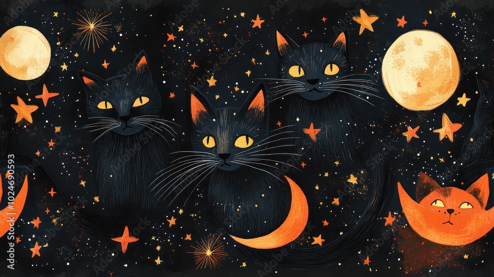 Fototapeta premium A seamless pattern featuring three black cats with yellow eyes against a background of stars, moons, and a dark sky.