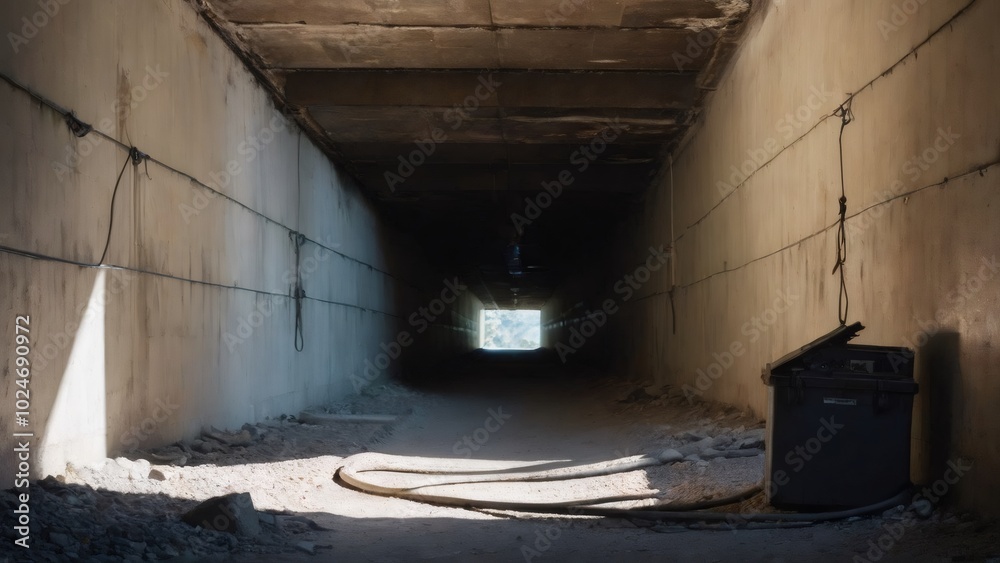 Abandoned Underground Railway Tunnel with Loose Wires: A dimly lit underground tunnel featuring old railway tracks, loose cables, and concrete walls. The worn-out surroundings hint at a long period of Abandoned Underground Railway Tunnel with Loose Wires: A dimly lit underground tunnel featuring old railway tracks, loose cables, and concrete walls. The worn-out surroundings hint at a long period of