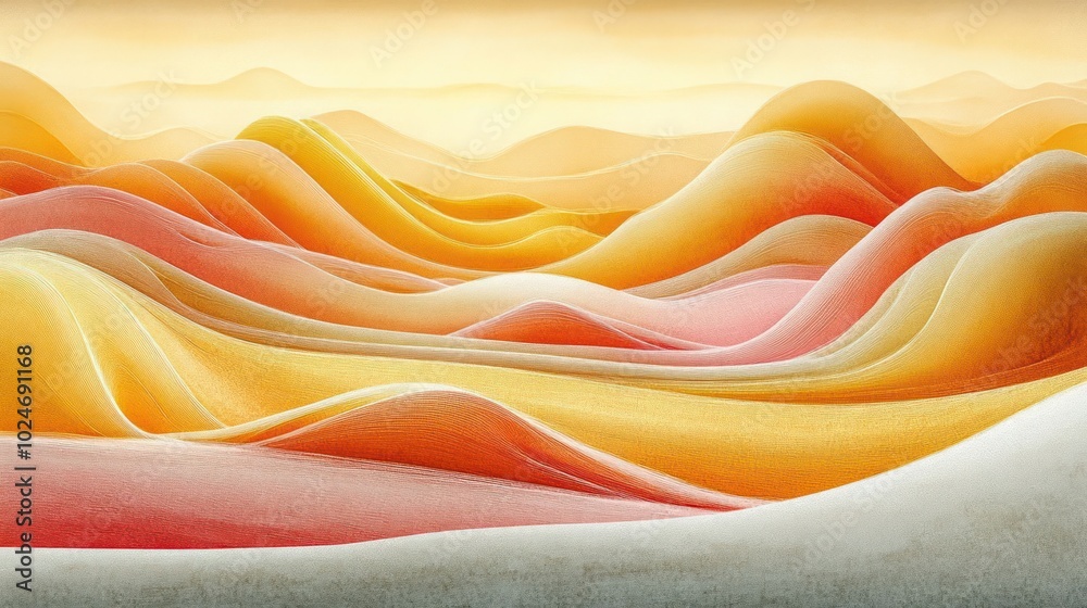 Abstract landscape with flowing shapes in warm hues of orange, pink, and yellow. Abstract landscape with flowing shapes in warm hues of orange, pink, and yellow.