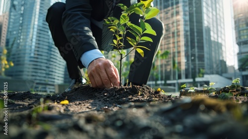 Businessman planting trees in urban garden, corporate social responsibility