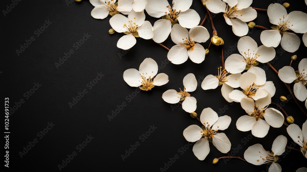 Delicate white flowers scattered on a dark background, creating a serene and elegant composition. Delicate white flowers scattered on a dark background, creating a serene and elegant composition.