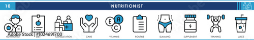 A set of line icons related to Nutritionist. Diet, consultant, care, vitamin, routine, slimming, and so on. Vector editable stroke.