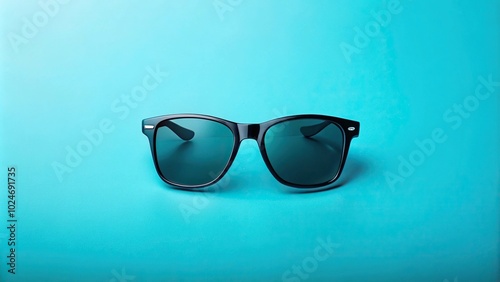 Stylish black sunglasses with reflection on light blue background, high angle view