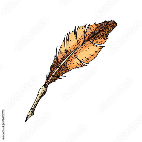 dip quill pen hand drawn. parchment scroll, manuscript antique, vintage scribe dip quill pen vector sketch. isolated color illustration