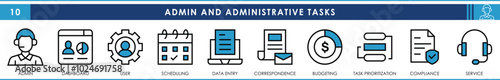 A set of line icons related to admin and administrative tasks. Admin, dashboard, user, scheduling, data entry, budgeting, compliance, and so on. Vector editable stroke.