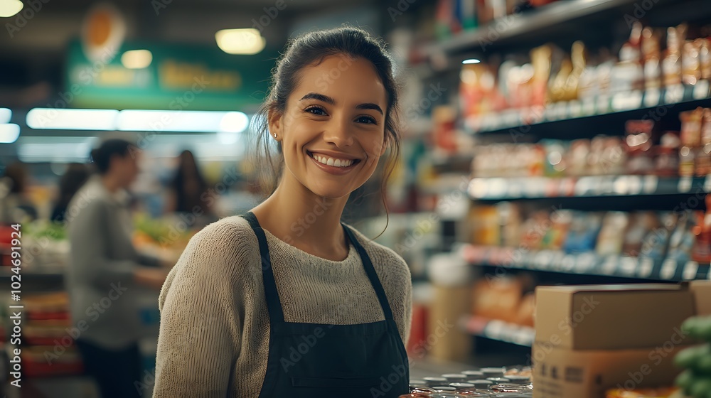 A smiling female cashier is behind the counter at an afternoon grocery store, engaging with customers and serving food in a bustling atmosphere A smiling female cashier is behind the counter at an afternoon grocery store, engaging with customers and serving food in a bustling atmosphere