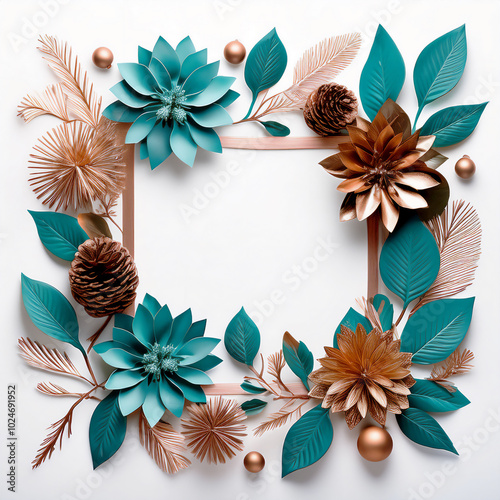 Christmas frame with flowers in teal and copper with copy space