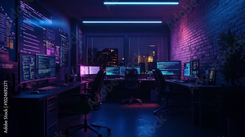 Inside a dimly lit workspace, the workstations of programmers