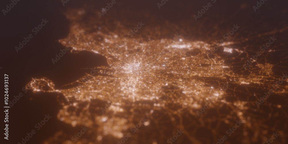 Fototapeta premium Street lights map of Dublin (Ireland) with tilt-shift effect, view from north. Imitation of macro shot with blurred background. 3d render, selective focus