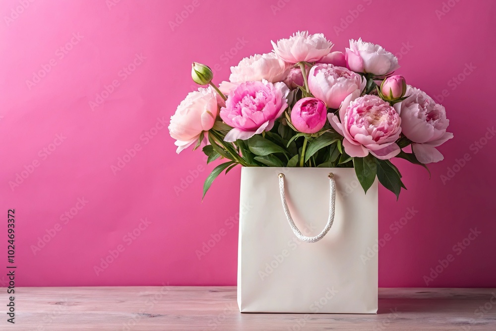 Stylish white gift bag with bouquet of pink peonies on pink background Stylish white gift bag with bouquet of pink peonies on pink background