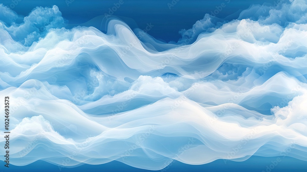 A painting depicts multiple blue skies with white clouds A painting depicts multiple blue skies with white clouds