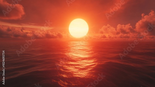 A fiery sunset over a vast ocean with rippling waves.