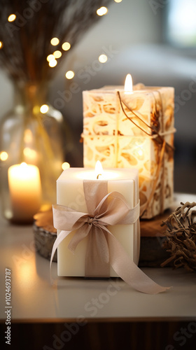 décoration floral sur une table accompagné de bougies et de cadeaux pour Noel ou anniversaire, bien être détente