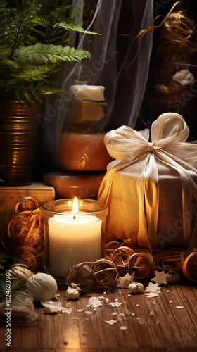 décoration floral sur une table accompagné de bougies et de cadeaux pour Noel ou anniversaire, bien être détente