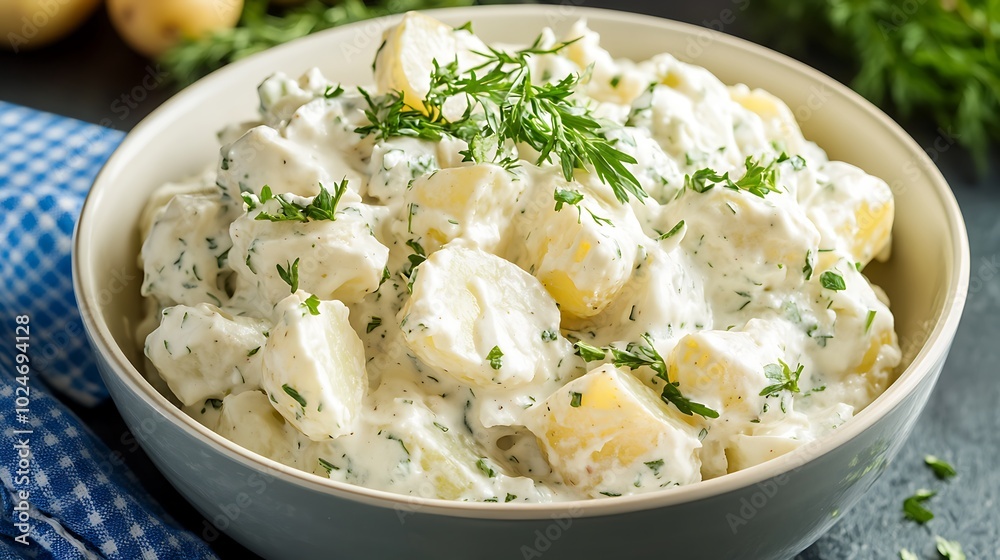 patato salad with mayonnaise and dill in a bowl patato salad with mayonnaise and dill in a bowl