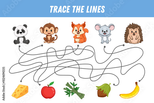 Find the right way. Cute cartoon animals and their food. What do animals eat? Educational game for preschool children. Educational game for children, maze,labyrinth game. Vector