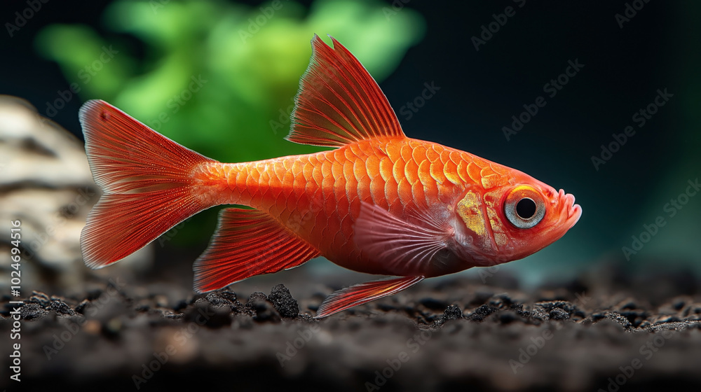 Fototapeta premium Close-up of a vibrant orange fish swimming in an aquarium with detailed scales and fins with a blurred green background