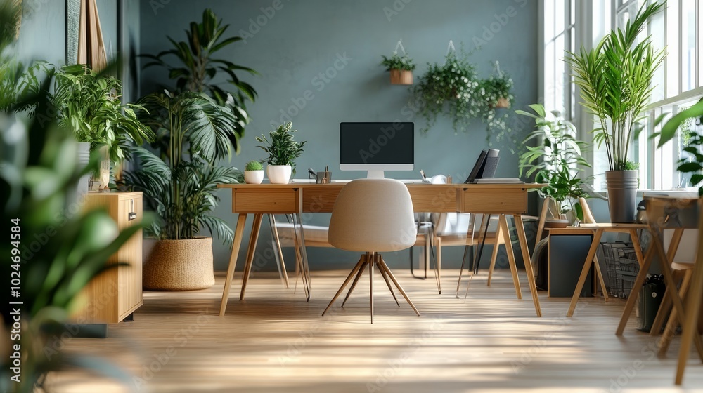 View of a bright, airy, and minimalist modern office environment featuring workstations, plants, and a copy area View of a bright, airy, and minimalist modern office environment featuring workstations, plants, and a copy area