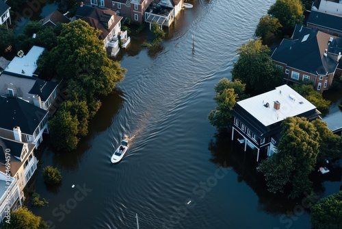 An aerial view of a suburban neighborhood grappling with severe flooding where a small boat navigates through submerged streets, highlighting the resilience amidst disasters.