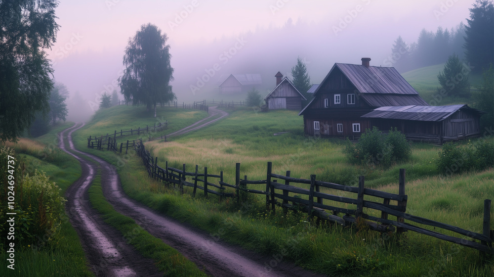 The road passes through a rural area with a few houses and a barn. The sky is cloudy and the sun is setting.