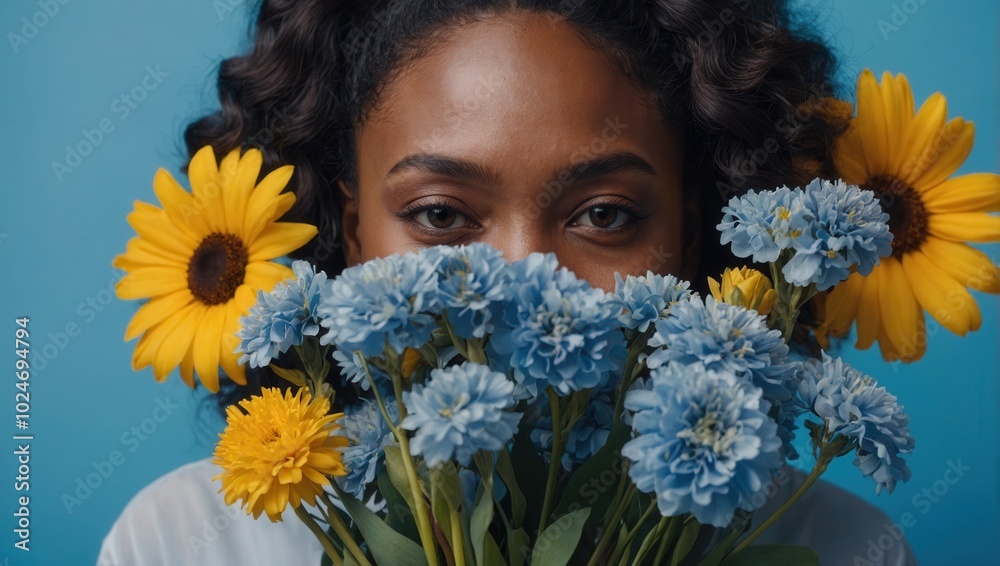 Close-up of person holding bouquet of sunflowers and blue flowers, neutral background