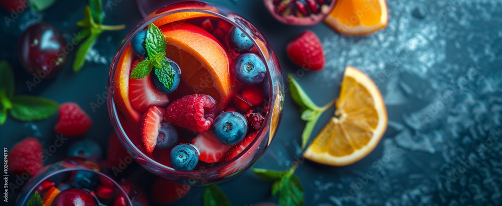 Homemade delicious red wine sangria with orange, blueberry, raspberry and strawberry in cocktail glass, top view, dark blue background, fresh fruits around Homemade delicious red wine sangria with orange, blueberry, raspberry and strawberry in cocktail glass, top view, dark blue background, fresh fruits around