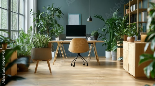 View of a bright, airy, and minimalist modern office environment featuring workstations, plants, and a copy area