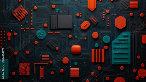 A colorful circuit board featuring various geometric shapes, primarily in shades of red, teal, and black, showcasing a modern technology aesthetic.