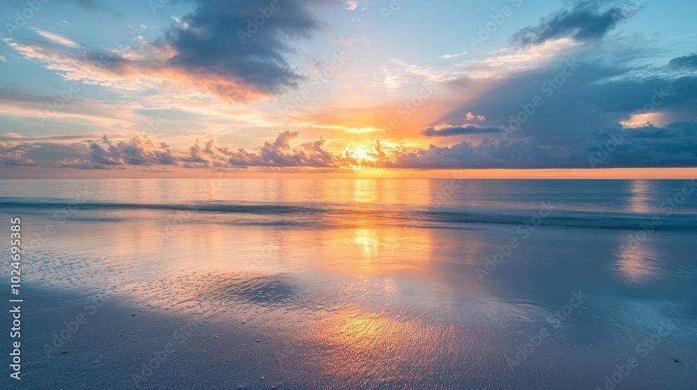 Sunrise on rocky shore with calm waters Sunrise on rocky shore with calm waters