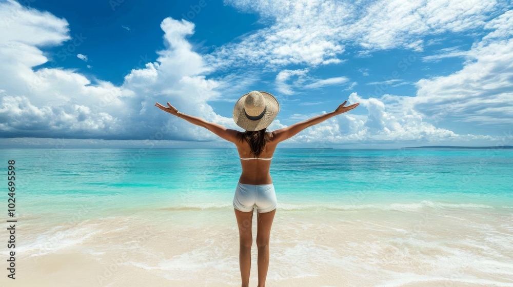 Beachside victory: woman's arms spread wide. Beachside victory: woman's arms spread wide.