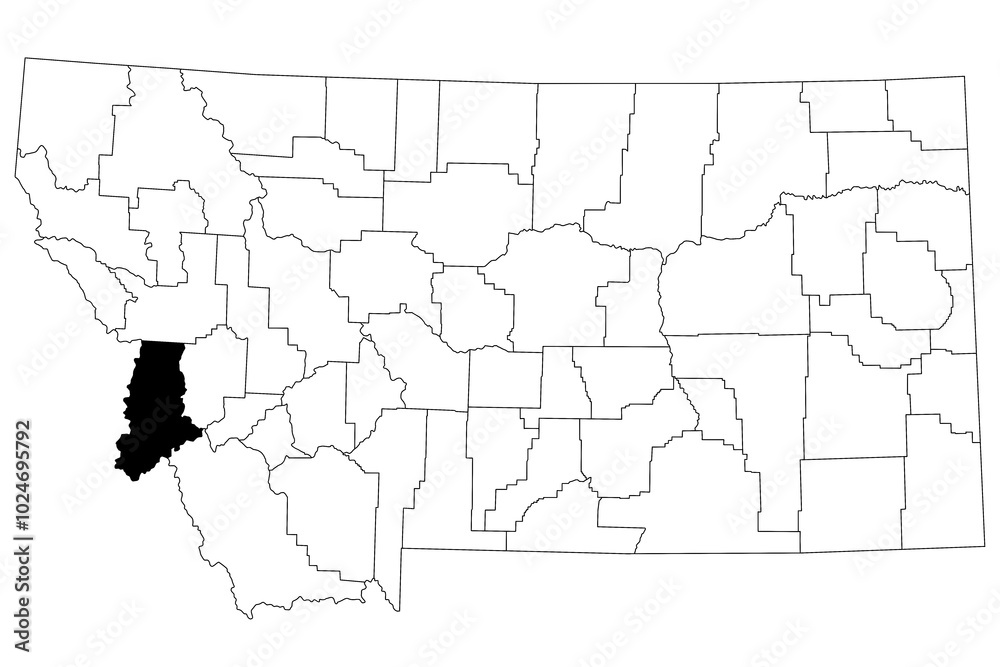 Obraz premium Map of ravalli County in Montana state on white background. single County map highlighted by black colour on Montana map. UNITED STATES, US
