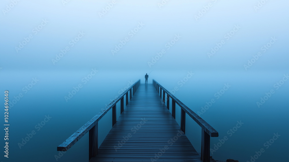 A serene beach scene with a wooden pier and a person walking on it. The foggy atmosphere adds a sense of tranquility to the scene, as the misty air envelops the pier and the beach A serene beach scene with a wooden pier and a person walking on it. The foggy atmosphere adds a sense of tranquility to the scene, as the misty air envelops the pier and the beach