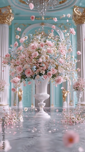  A vase brimming with vibrant pink blooms rests atop a polished marble surface, adjacent to an ornate chandelier