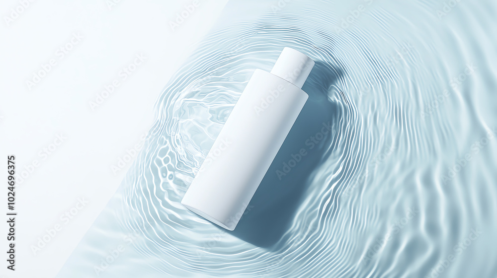 A sleek white bottle floating on vibrant blue water, subtle ripples, white background, soft natural light, minimalist product photography A sleek white bottle floating on vibrant blue water, subtle ripples, white background, soft natural light, minimalist product photography
